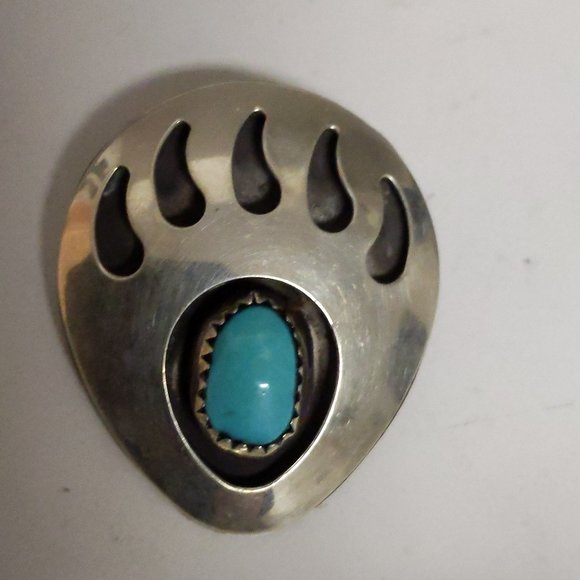 Silver and Turquoise Native American Bear Claw Pin - Picture 1 of 4